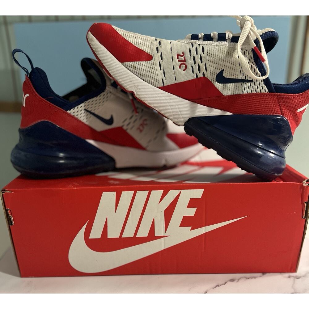 Nike Air Max 270 "USA" sneakers in a red, white, and blue colorway.